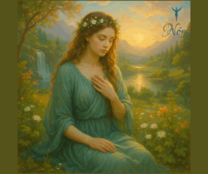 Lemúria aranykora és bukása – a női fény története Lemúria aranykora – egy női alak a természet ölelésében, ragyogó fényben, a harmónia és isteni szeretet szimbólumaként.