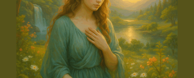 Lemúria aranykora – egy női alak a természet ölelésében, ragyogó fényben, a harmónia és isteni szeretet szimbólumaként.