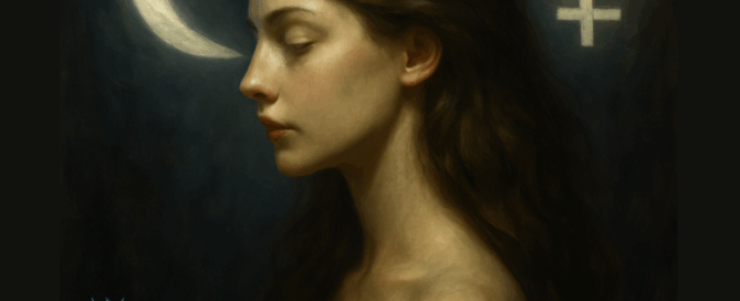 Spirituális hangulatú, fotószerű kép: fiatal nő arca fény és árnyék között, mögötte a Hold és a Vénusz fénye. A női princípium kettősségét, a lélek gyógyulását jelképezi.