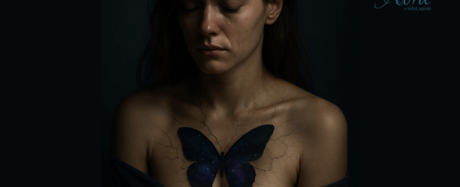 Egy fiatal nő ül magába roskadva, arcán fájdalom és szomorúság tükröződik. A háttér sötét, a kép a lelki bántalmazás és a női lélek megtörésének belső világát jeleníti meg.