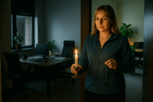Energetikai tisztítás és harmonizálás folyamata Spirituális segítő nő energetikai tisztítást végez egy irodában, gyertyával és ingával, miközben a tér fénnyel töltődik fel.