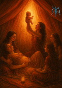 Ősi női kör – a születés szentsége Ősi vörössátorban, meleg aranyfényben nők segítik egymást a születés szent pillanatában. A középen fekvő anya arca békés, fájdalmában is boldog, miközben karjába veszi újszülött gyermekét.