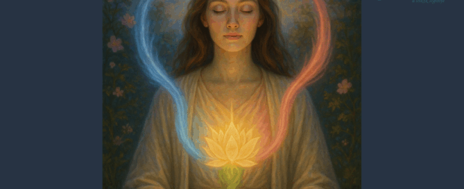 Meditáló nő aranyló fényben, a Hold, a Vénusz és a Földanya energiáival körülvéve – a női teljesség és az isteni női energia újjászületésének szimbóluma.
