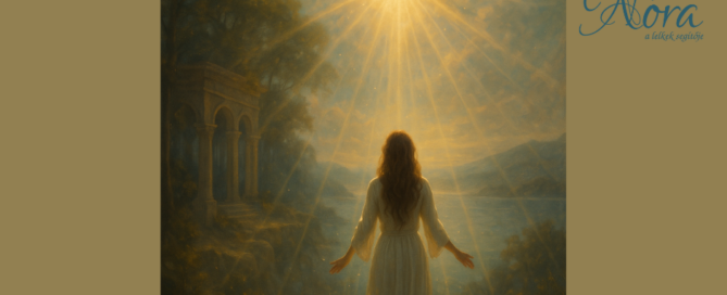 Egy fénybe burkolt női alak lebeg a természet és a csillagok között, körülötte áramló energiamező, amely a belső felszabadulást és kollektív gyógyulást jelképezi.