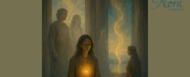 Meditáló alak lebeg egy fényörvény közepén, körülötte lebegő formák, fátyolszerű energiák és galaktikus tér. A belső csend, az érzékelés nélküli mély folyamatok és a lélek munkája jelenik meg.