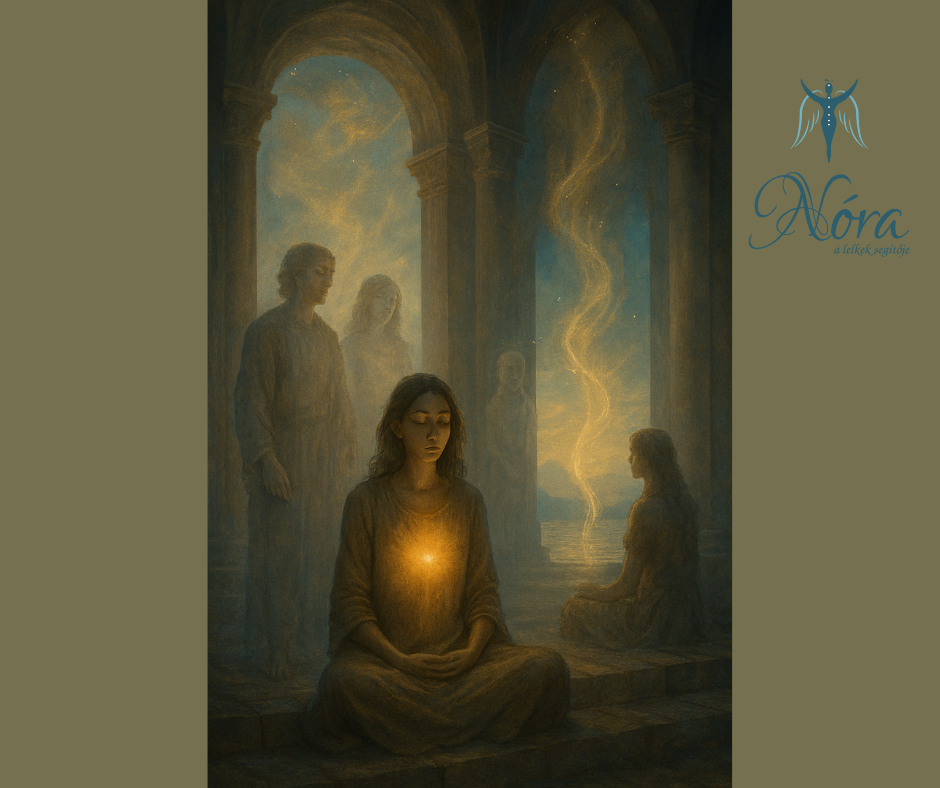 Meditáló alak lebeg egy fényörvény közepén, körülötte lebegő formák, fátyolszerű energiák és galaktikus tér. A belső csend, az érzékelés nélküli mély folyamatok és a lélek munkája jelenik meg.
