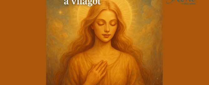 Spirituális portré egy női alakról, fényben, virágmotívumokkal és természetes elemekkel körülölelve