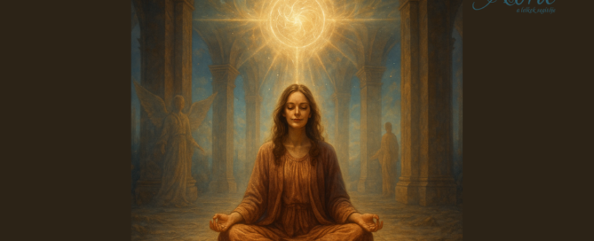 Nő meditál a Teremtő terében, fénylények és spirituális energiák között.