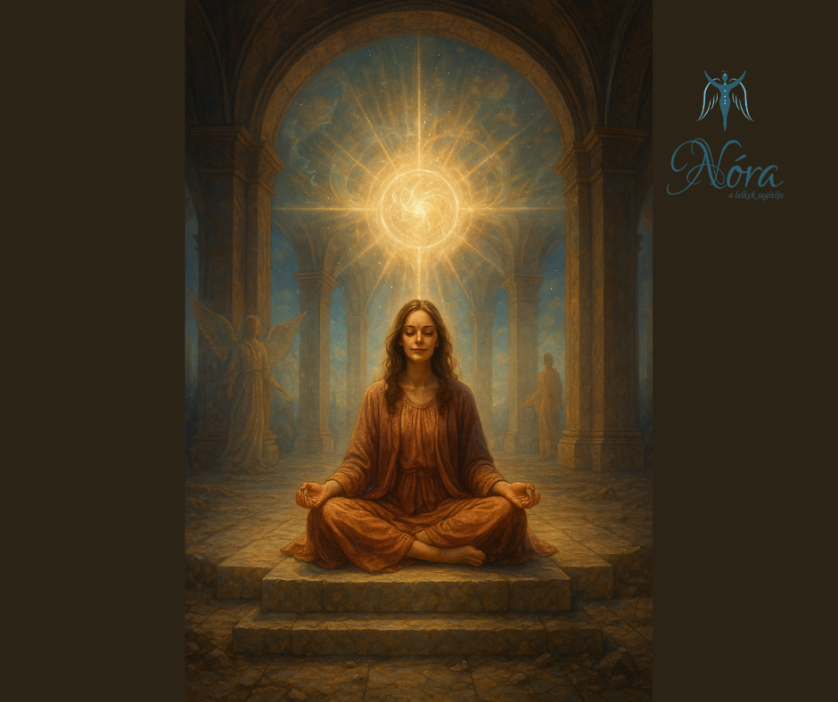 Nő meditál a Teremtő terében, fénylények és spirituális energiák között.
