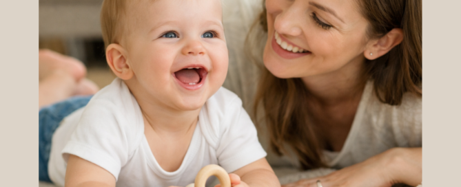 Mosolygó édesanya játszik a babájával egy puha játszószőnyegen, meghitt, szeretetteljes pillanat.