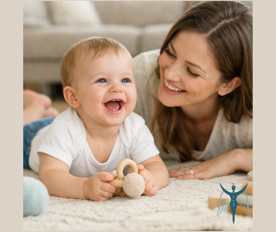 Mosolygó édesanya játszik a babájával egy puha játszószőnyegen, meghitt, szeretetteljes pillanat.