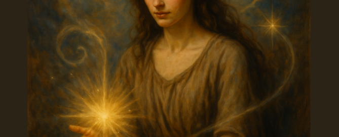 Női alak meditál spirituális térben, fények és energiák ölelésében.