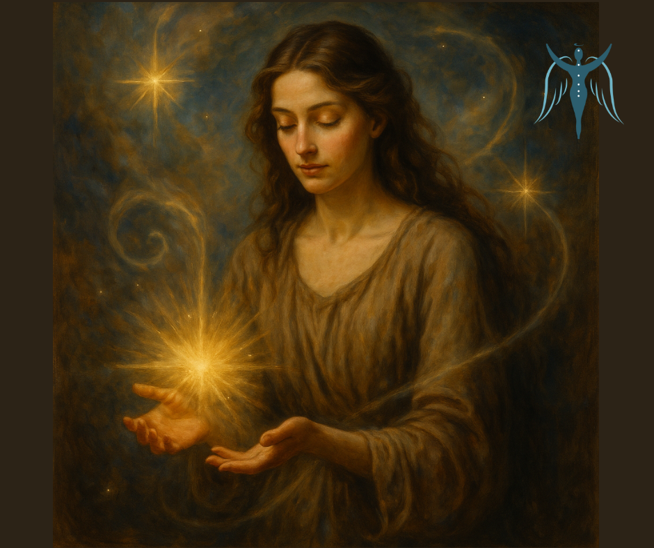 Női alak meditál spirituális térben, fények és energiák ölelésében.