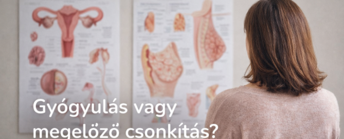 Nő hátulról egy orvosi rendelőben, női anatómiai ábrákat néz a falon, elgondolkodva az egészségével kapcsolatos döntéseken.