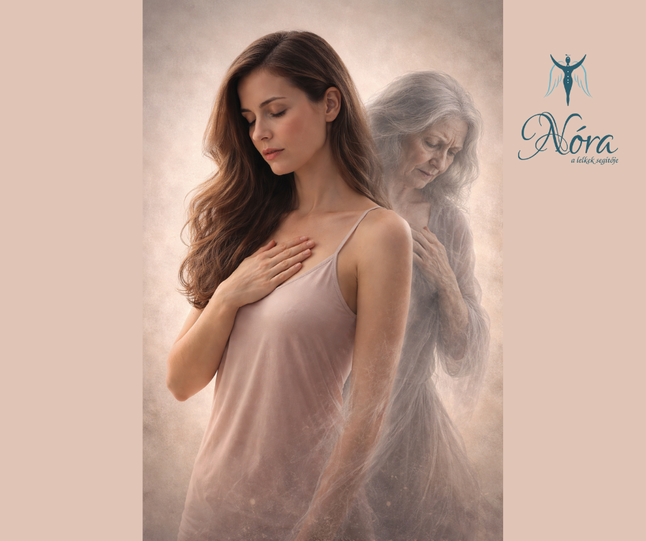 Fiatal, kívülről harmonikusnak tűnő nő alakja előtt áttetszően megjelenik egy megtört, idős női alak, a belső érzelmi sérülések szimbólumaként.