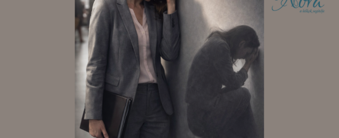 Üzleti öltözékben álló nő falnak támaszkodva, miközben az árnyéka egy összetört, magába roskadó női alakot formáz – a belső lelki sérültség jelképeként.