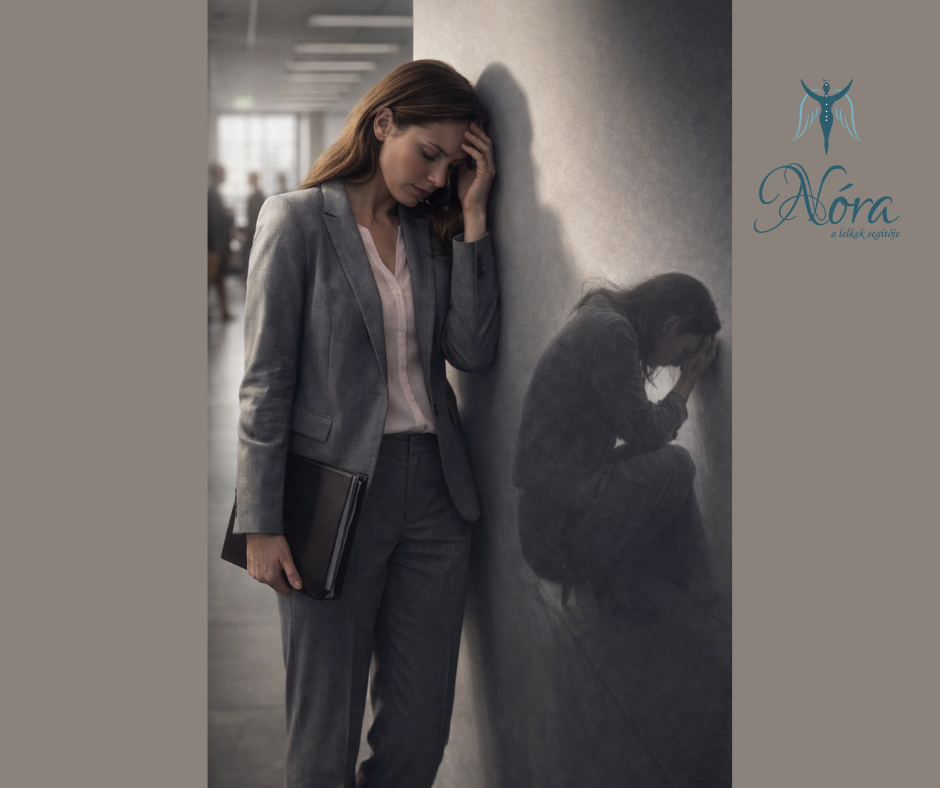 Üzleti öltözékben álló nő falnak támaszkodva, miközben az árnyéka egy összetört, magába roskadó női alakot formáz – a belső lelki sérültség jelképeként.