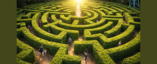 Emberek bolyonganak egy nappali fényben látható sövénylabirintusban, miközben a távolban egy erős fény jelöli a kiutat – az élet útkeresésének és az önismeretnek a szimbóluma.