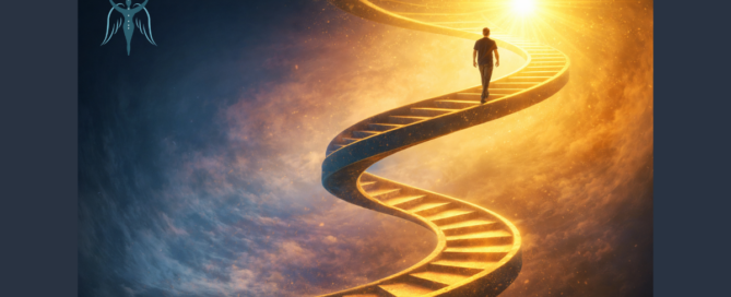 Egy ember egy felfelé vezető spirális úton halad a fény felé – a lelki fejlődés és az ismétlődő élethelyzetek magasabb szinten való megértésének szimbóluma.