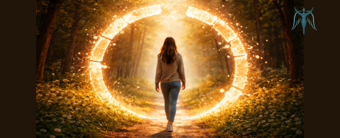 Nő egy erdei úton sétál át egy fényből álló, megtörő körön – az ismétlődő életmintákból való kilépés szimbolikus képe.