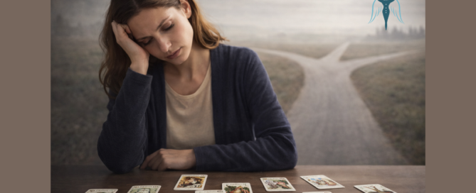 Egy nő kártyákat néz az asztalon, miközben egy útelágazás látható a háttérben – az életút és a döntések szimbólumaként.
