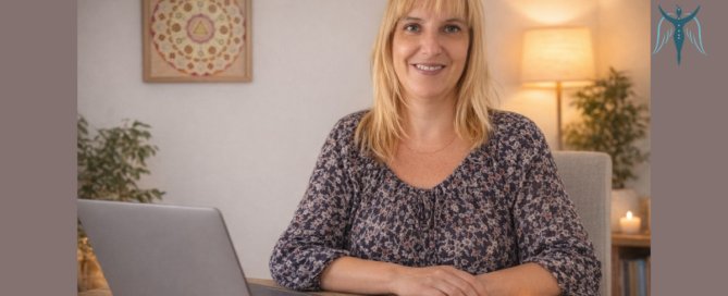 spirituális tanácsadó nő természetes környezetben, laptop és kártyák mellett dolgozik