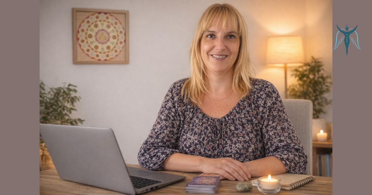 spirituális tanácsadó nő természetes környezetben, laptop és kártyák mellett dolgozik