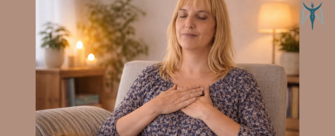 spirituális segítő nő csukott szemmel meditál, kezeit a mellkasán tartja, belső figyelem és energetikai munka