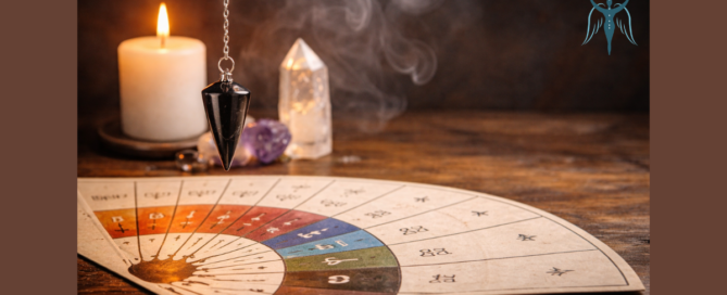 fekete inga ingatáblán, gyertya és kristályok mellett, energetikai tisztítás eszközei