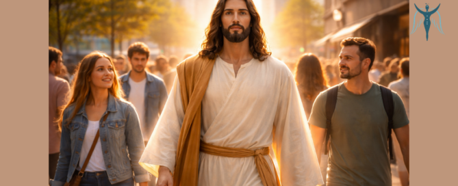 Jézus egy mai városi utcán sétál emberek között, finom arany fény aurával körülvéve – az élő, jelenlévő szeretet energiájának szimbolikus ábrázolása.