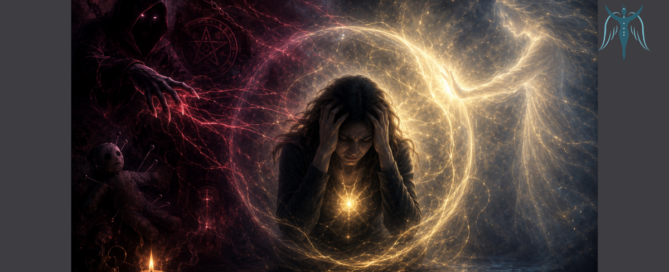 Sötét energetikai támadás és védelmező fény között ülő nő spirituális jelenetben