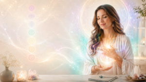 Érzelmi oldások és energetikai munka tanfolyamot jelképező kép, fényenergiával dolgozó nővel, csakraszimbólumokkal és spirituális gyógyító hangulattal.