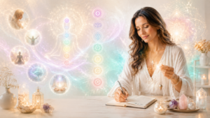 Érzelmi oldások tanfolyamot bemutató spirituális kép, női alakkal, ingával, jegyzetfüzettel, csakraszimbólumokkal és finom energetikai fényekkel.