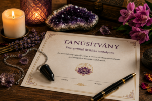 Felnőttképzési tanúsítvány energetikai tisztítás tanfolyam elvégzéséről, shungit ingával, kristályokkal és gyertyafénnyel díszített asztalon.