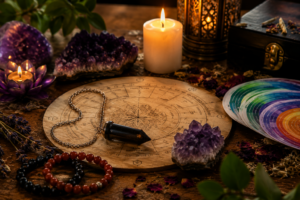 Energetikai tisztítás tanfolyam – spirituális eszközök és tanulás Energetikai tisztítás tanfolyam spirituális eszközökkel: shungit inga, gyertya, kristályok és tanulási segédanyagok egy asztalon.