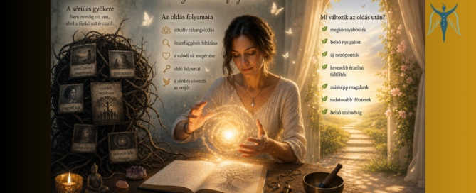 Érzelmi oldás folyamatát bemutató spirituális kép, ahol egy nő fényenergiával dolgozik a régi lelki sérülések gyógyításán.