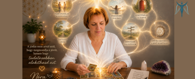 Nóra - a lelkek segítője Tarot-kártyával jósol, miközben a Teremtőtől érkező fény és szimbolikus képek jelenítik meg az önismeretet, a döntési lehetőségeket és a jövő különböző irányait.