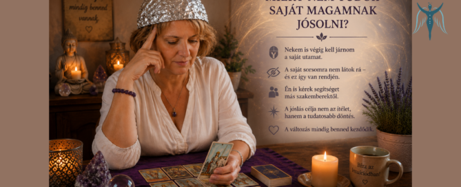 Nóra - a lelkek segítője tarotkártyával dolgozik egy gyertyafényes, nyugodt környezetben. A képen játékos módon alumíniumsisakot visel, amely azt szimbolizálja, hogy saját jövőjére nem lát rá, miközben másoknak tiszta útmutatást tud adni.