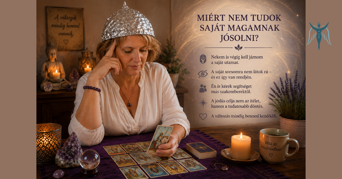 Nóra - a lelkek segítője tarotkártyával dolgozik egy gyertyafényes, nyugodt környezetben. A képen játékos módon alumíniumsisakot visel, amely azt szimbolizálja, hogy saját jövőjére nem lát rá, miközben másoknak tiszta útmutatást tud adni.