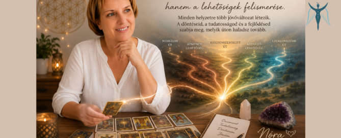 Nóra - a lelkek segítője Tarot-kártyával dolgozik, miközben előtte öt fényből kirajzolódó jövőút jelenik meg, szimbolizálva a döntések és a tudatos életvezetés lehetőségeit.