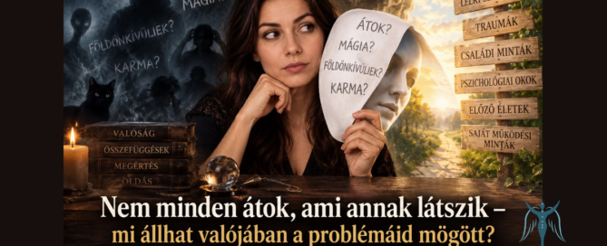 Spirituális problémák lehetséges hátterét jelképező kép átokkal, mágiával, karmával, lelki sérülésekkel, családi mintákkal és előző életekkel.